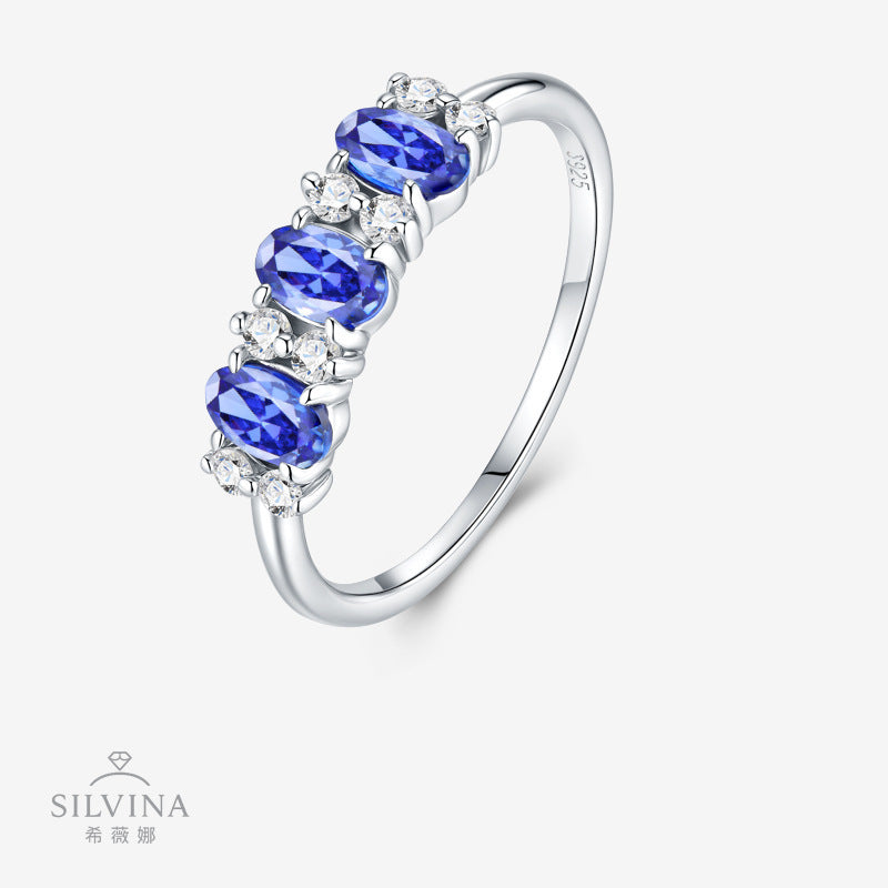 新款S925纯银蛋形蓝宝石戒指小众轻奢时尚百搭指环女款
