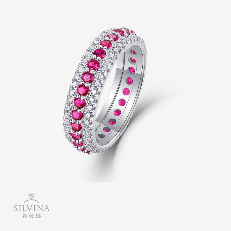 新款S925纯银圆形满钻红宝石戒指轻奢时尚百搭指环女