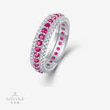 新款S925纯银圆形满钻红宝石戒指轻奢时尚百搭指环女