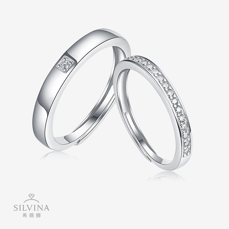 时尚轻奢纯银新款结婚情侣戒指个性开口可调节莫桑石情侣对戒
