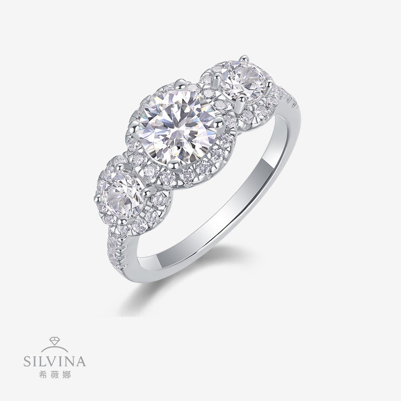 S925银圆形围镶莫桑石戒指女轻奢闭口精美奢华婚戒指环