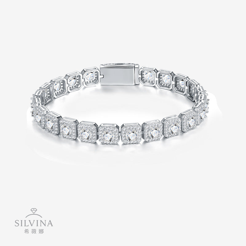 嘻哈方形S925纯银莫桑石手链轻奢时尚个性搭配饰品男女款