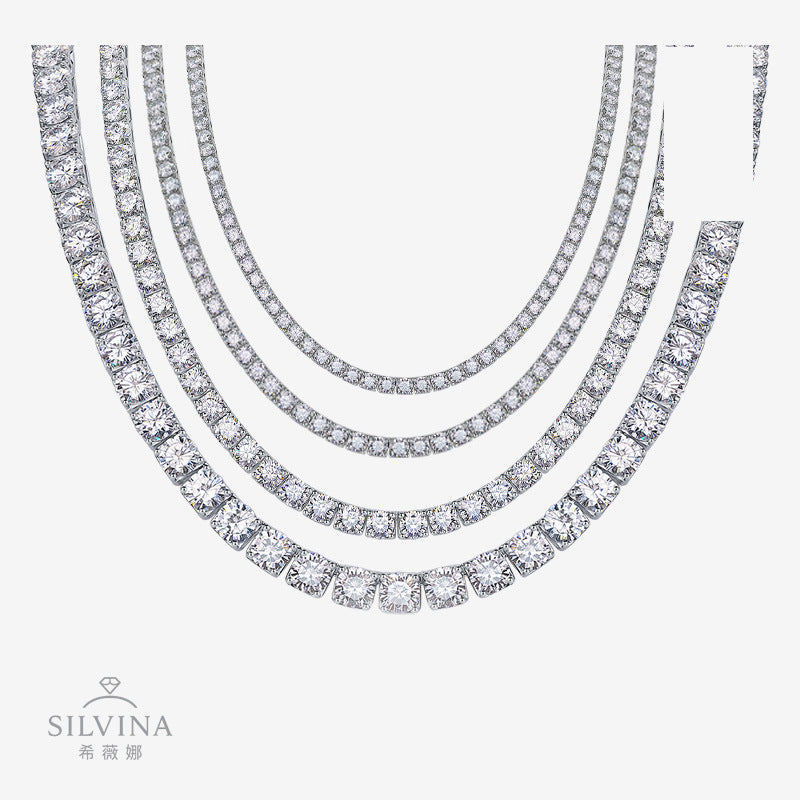 925纯银项链嘻哈夸张多尺寸莫桑石项链网球链