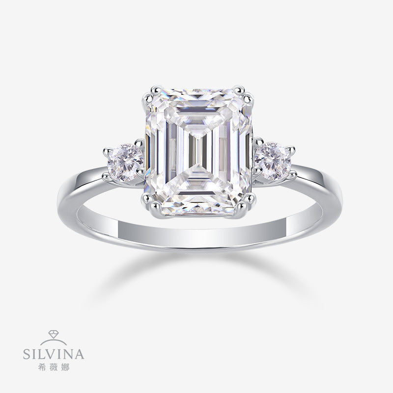 婚戒闭口公主方 纯银S925银莫桑石镀18k铂金女戒