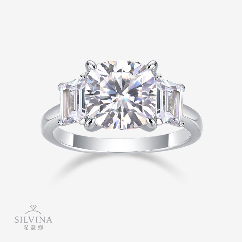 小众感奢华925银梯方戒指 莫桑石轻奢梯方戒指婚戒