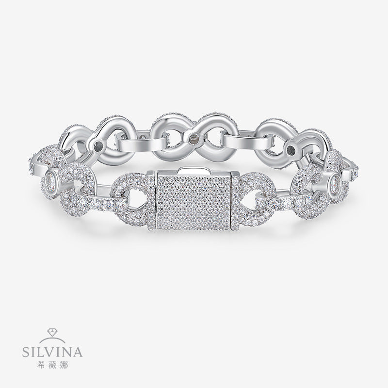 新款13mm8字形古巴链S925银满镶莫桑石嘻哈潮男女生手链