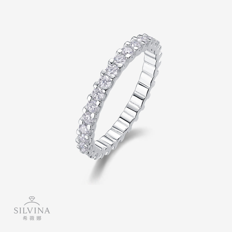 S925纯银戒指镶嵌D色莫桑石轻奢百搭精美满圈戒