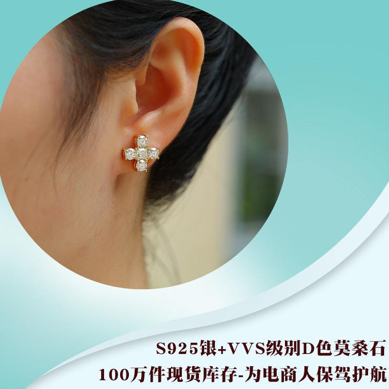 S925银十字架莫桑石耳钉首饰简约