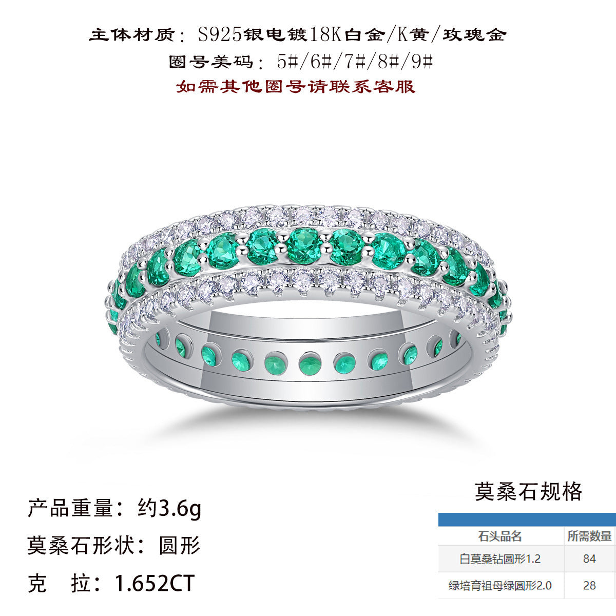 热销S925纯银祖母绿莫桑石戒指轻奢时尚设计感闭彩宝男女戒指