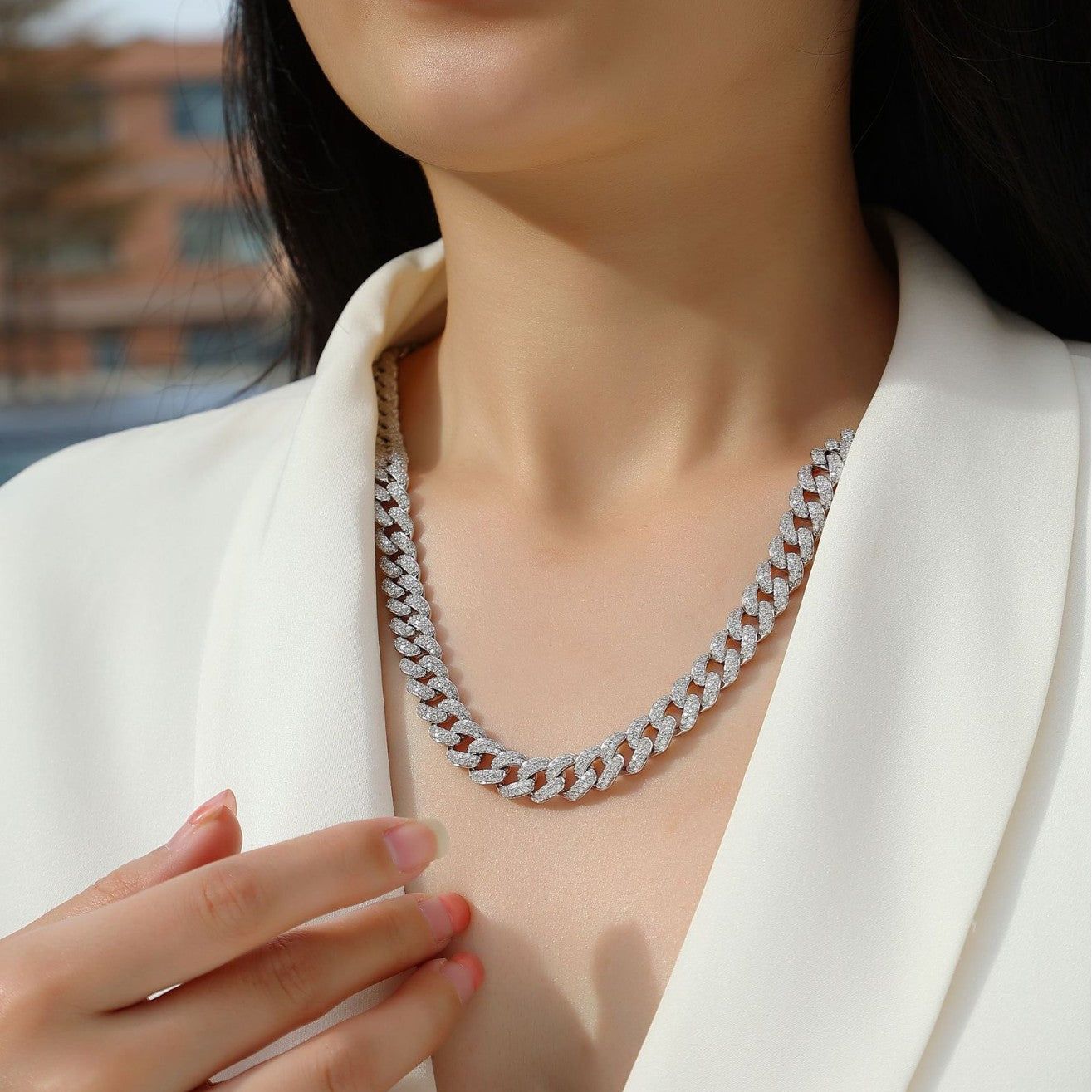 海外s925纯银莫桑石流行古巴项链18K白金项链