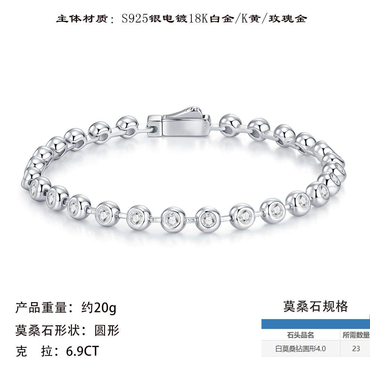 跨境新款S925圆形莫桑石手链韩版欧美ins风水晶奢华高级感饰品女