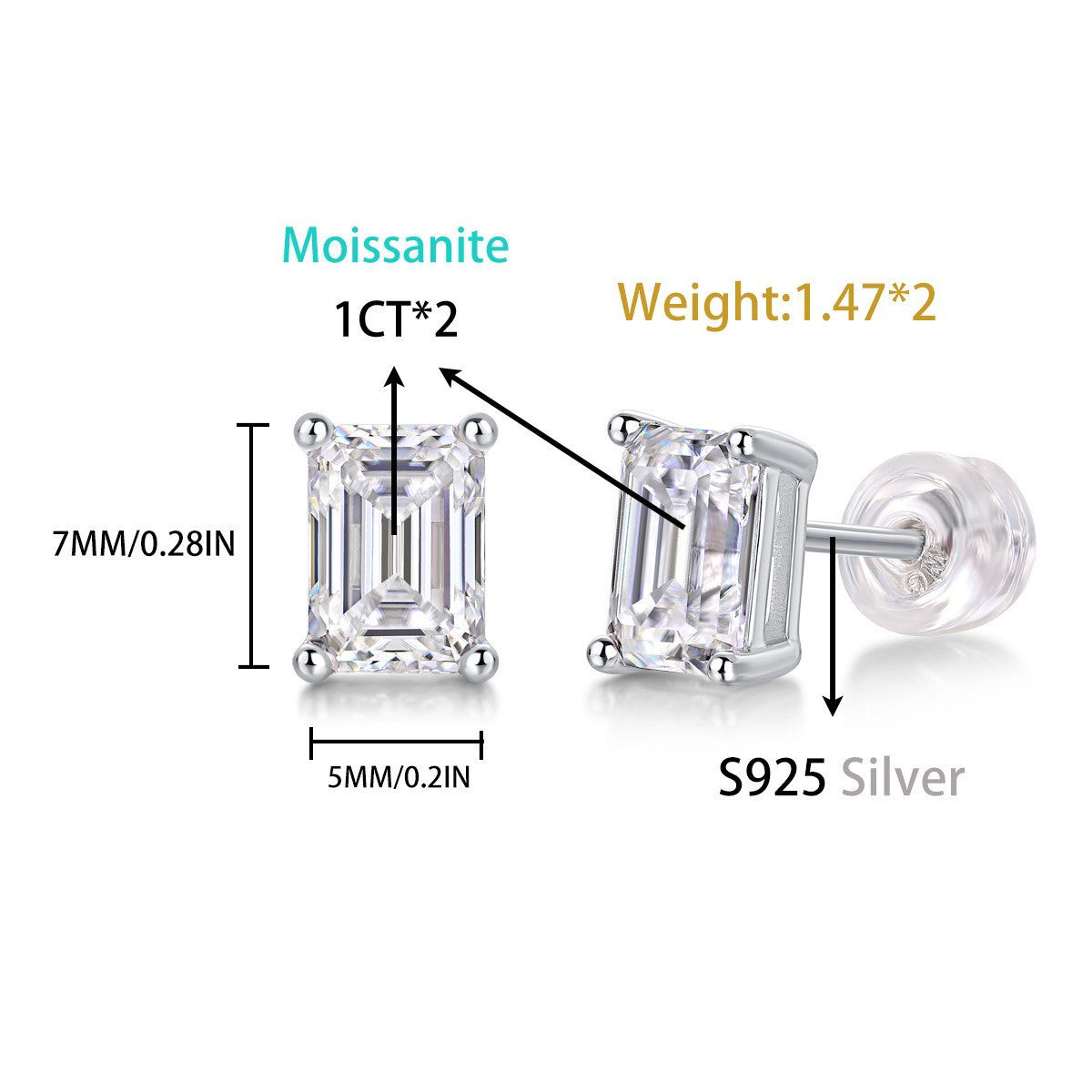 shopify祖母绿切割长方形男士女士S925银莫桑石耳钉