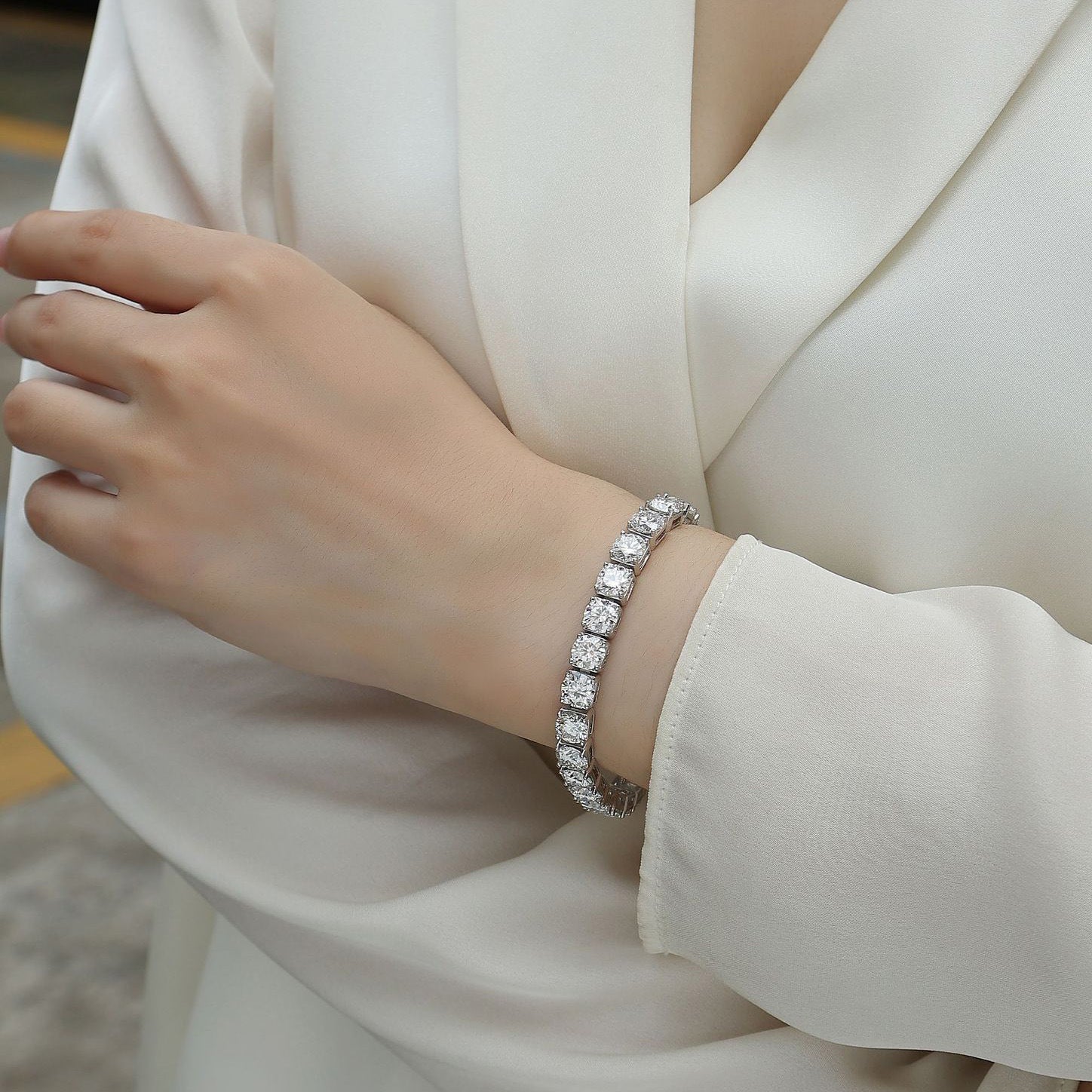 欧美亚马逊跨境爆款镀18k莫桑石单排链s925纯银男士女士网球手链