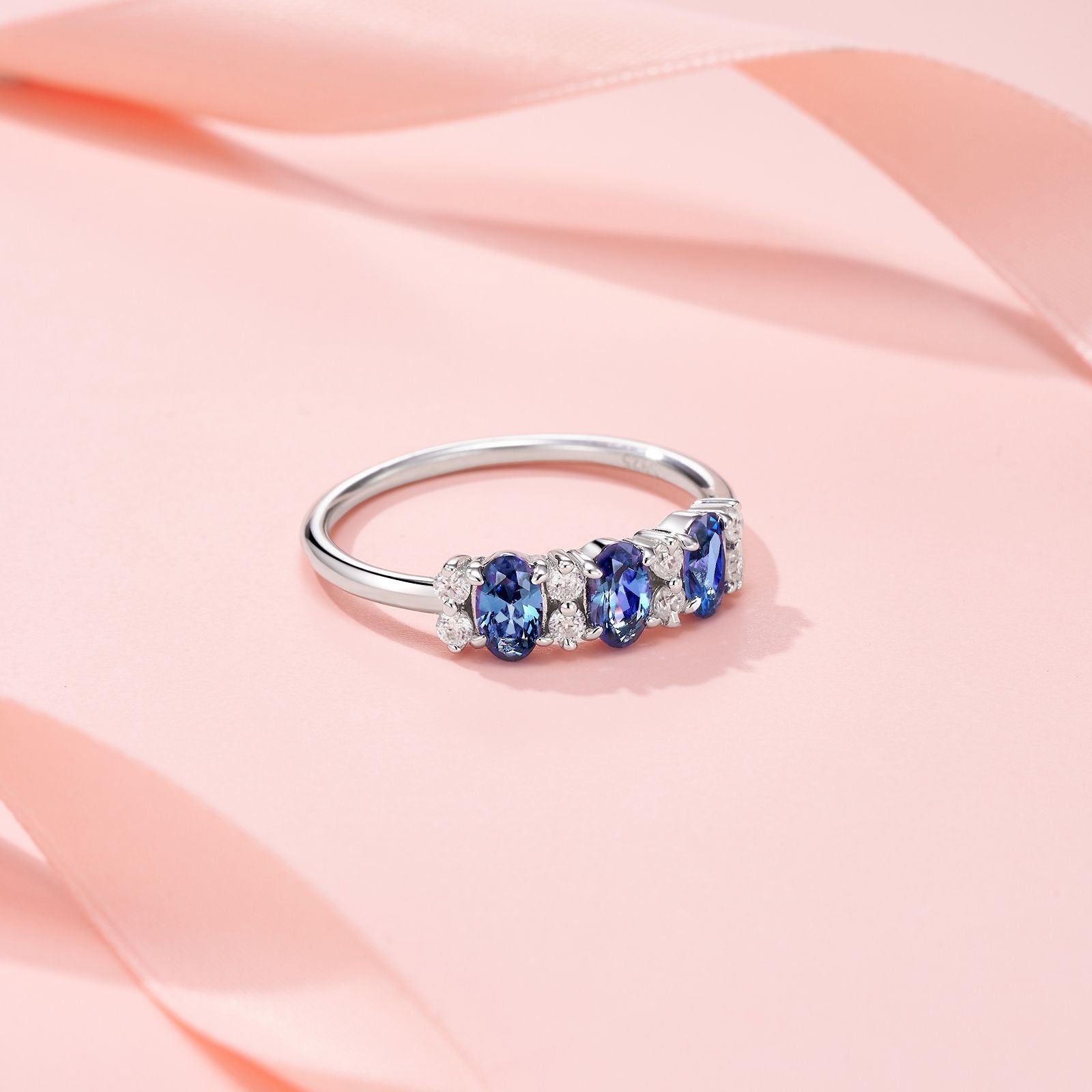 新款S925纯银蛋形蓝宝石戒指小众轻奢时尚百搭指环女款
