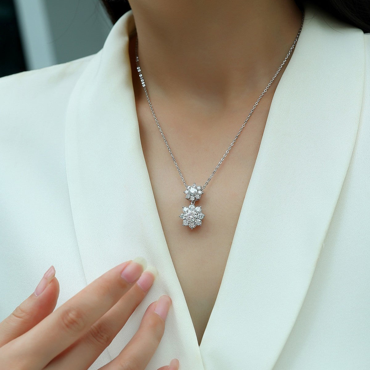 实力订制/ 叠戴S925纯银电镀白金莫桑石吊坠项链