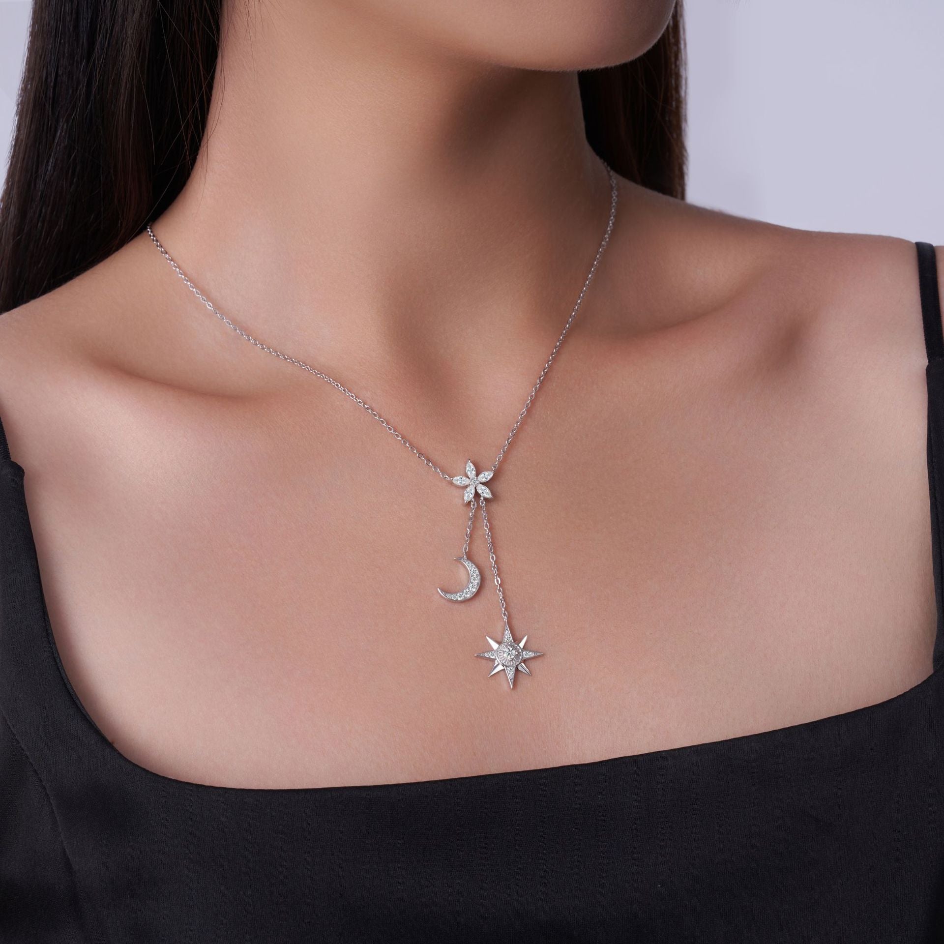 新款S925纯银莫桑石项链时尚轻奢星月长款流苏锁骨链女