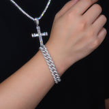 欧美跨境新款11mm双排满镶S925银莫桑石手链嘻哈个性时尚古巴链男