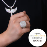 嘻哈男士方形925银电镀镶嵌全莫桑石豪镶戒指个性