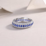 S925纯银满圈戒指圆形蓝宝石戒指小众轻奢纯银戒指