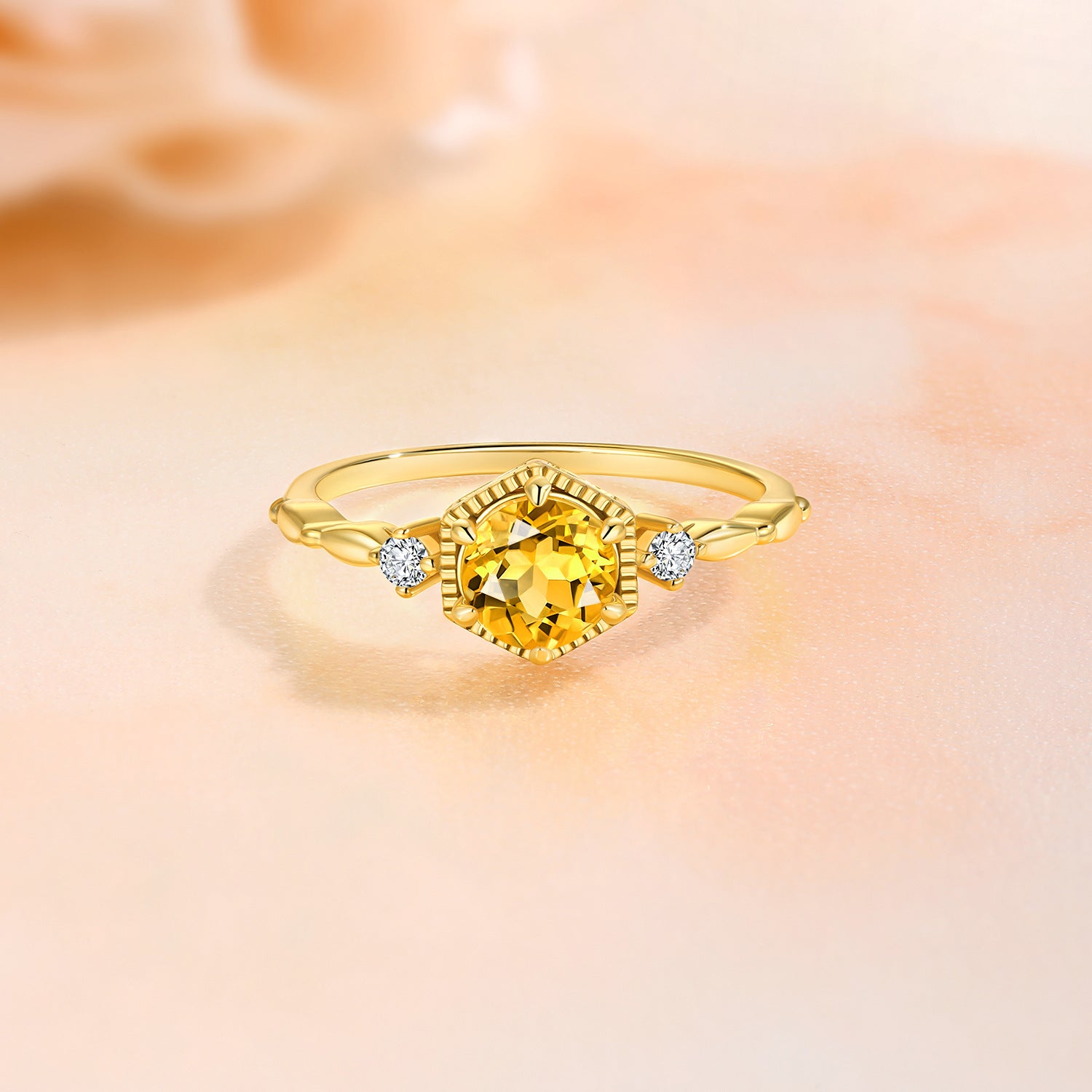 新款S925纯银圆形六爪黄晶石戒指复古日系文艺显白清新指环女