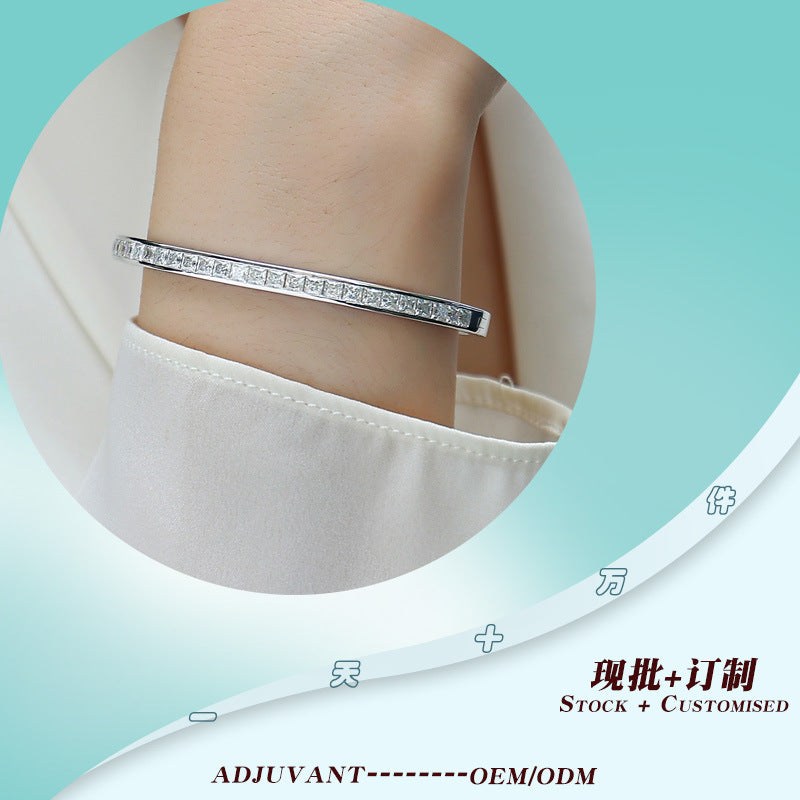 S925银手镯莫桑石镀铂金小众纯银批發女