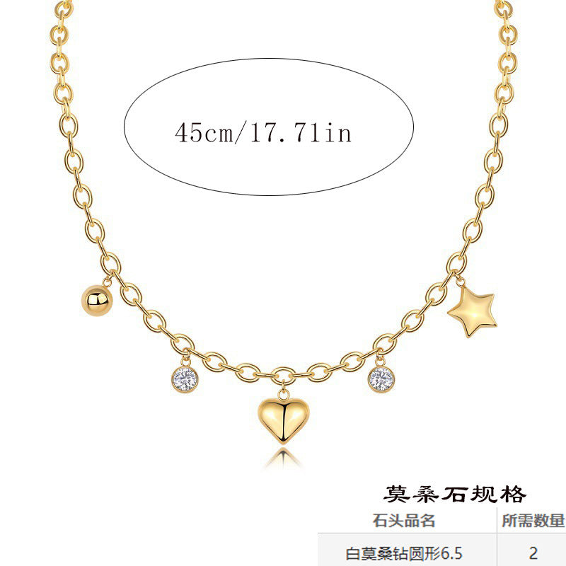 纯银轻奢气质莫桑石镀金星星月亮爱心吊坠设计双层叠戴锁骨链项链