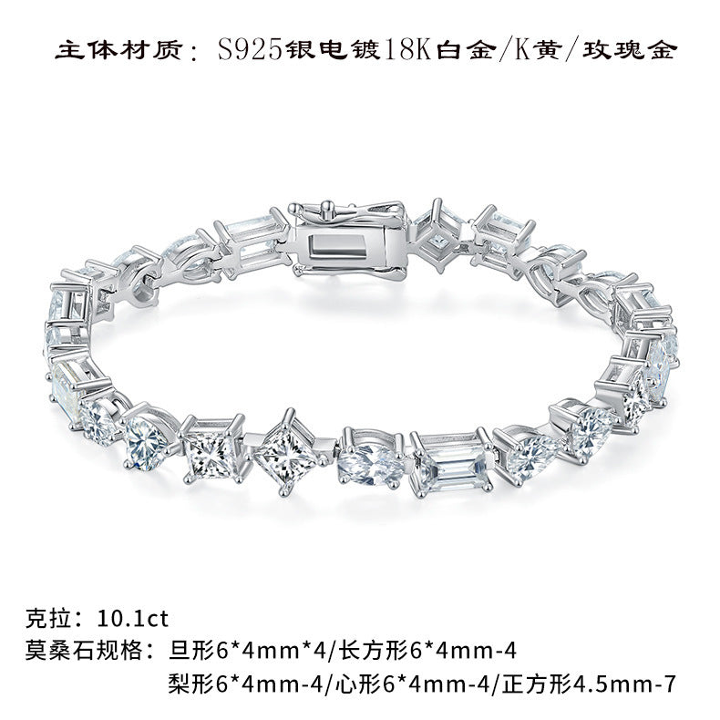 新款S925纯银手链嘻哈轻奢异形白色莫桑石网球手链男