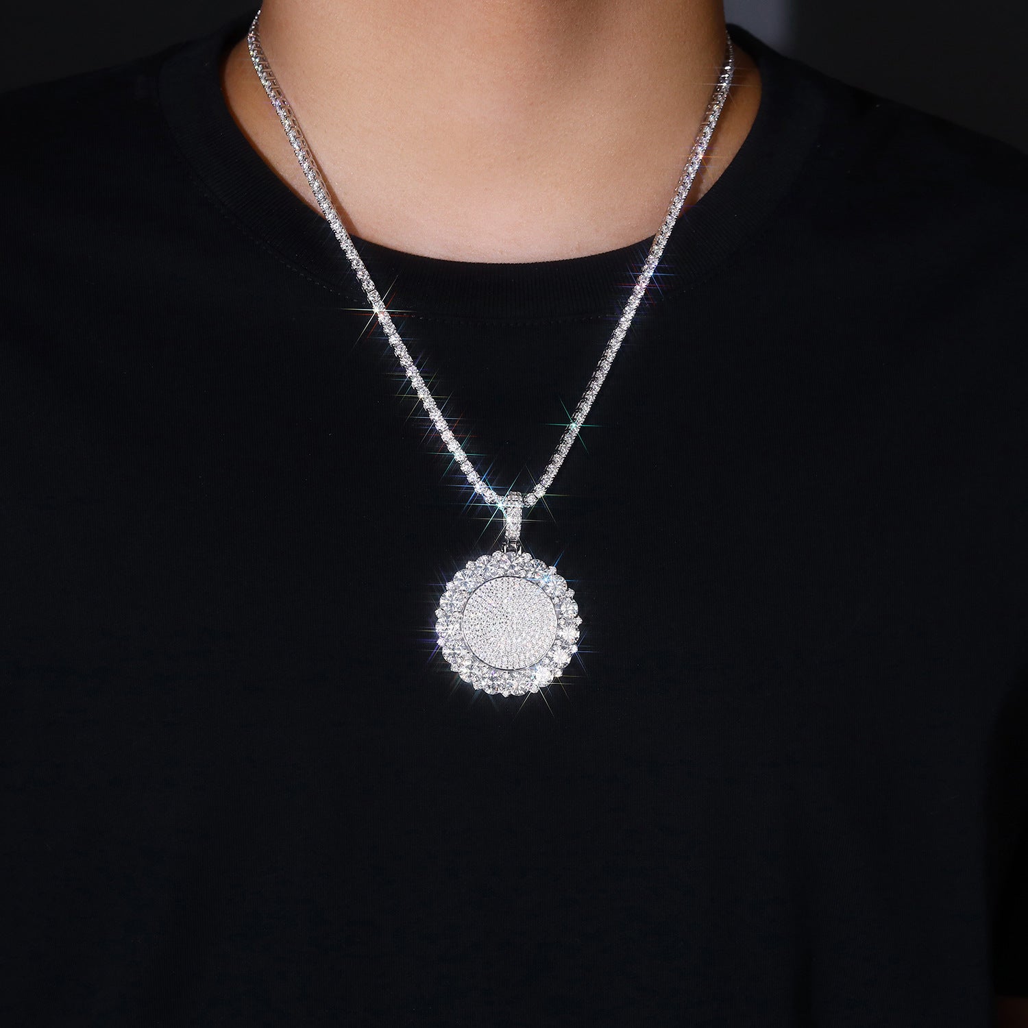 S925纯银镶嵌莫桑嘻哈吊坠个性搞怪大号夸张可穿网球链项坠