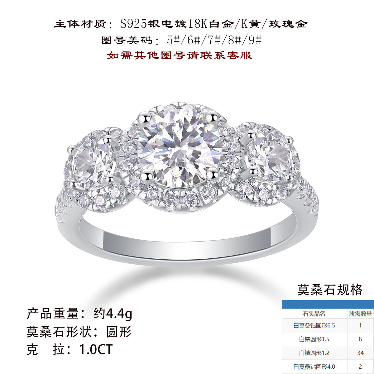 S925银圆形围镶莫桑石戒指女轻奢闭口精美奢华婚戒指环