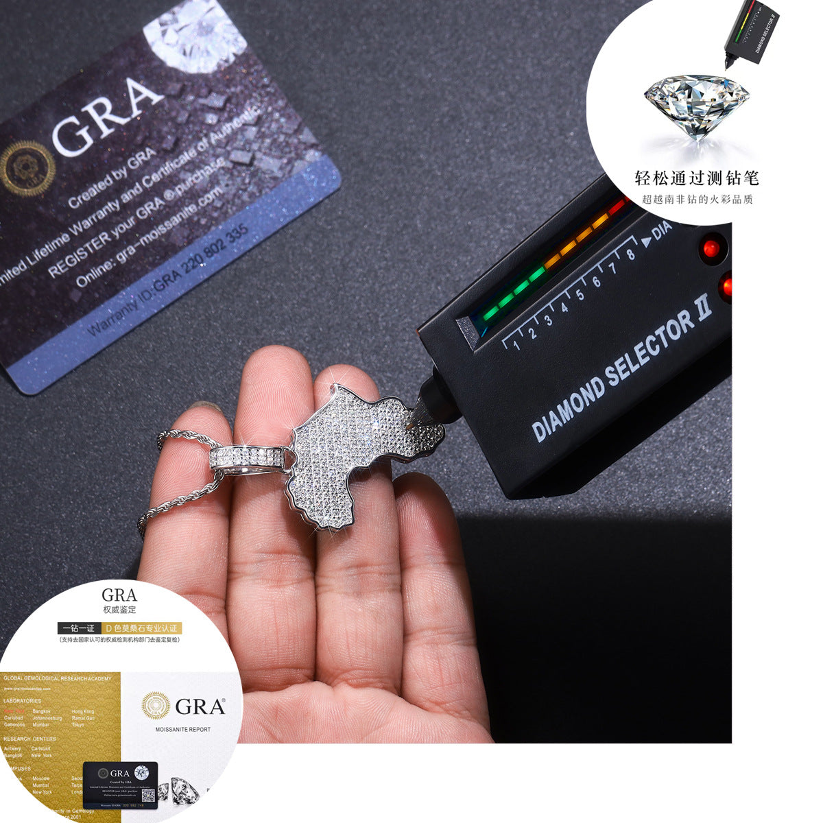 新款925纯银电镀镶嵌吊坠地图嘻哈HIPHOP饰品项链男