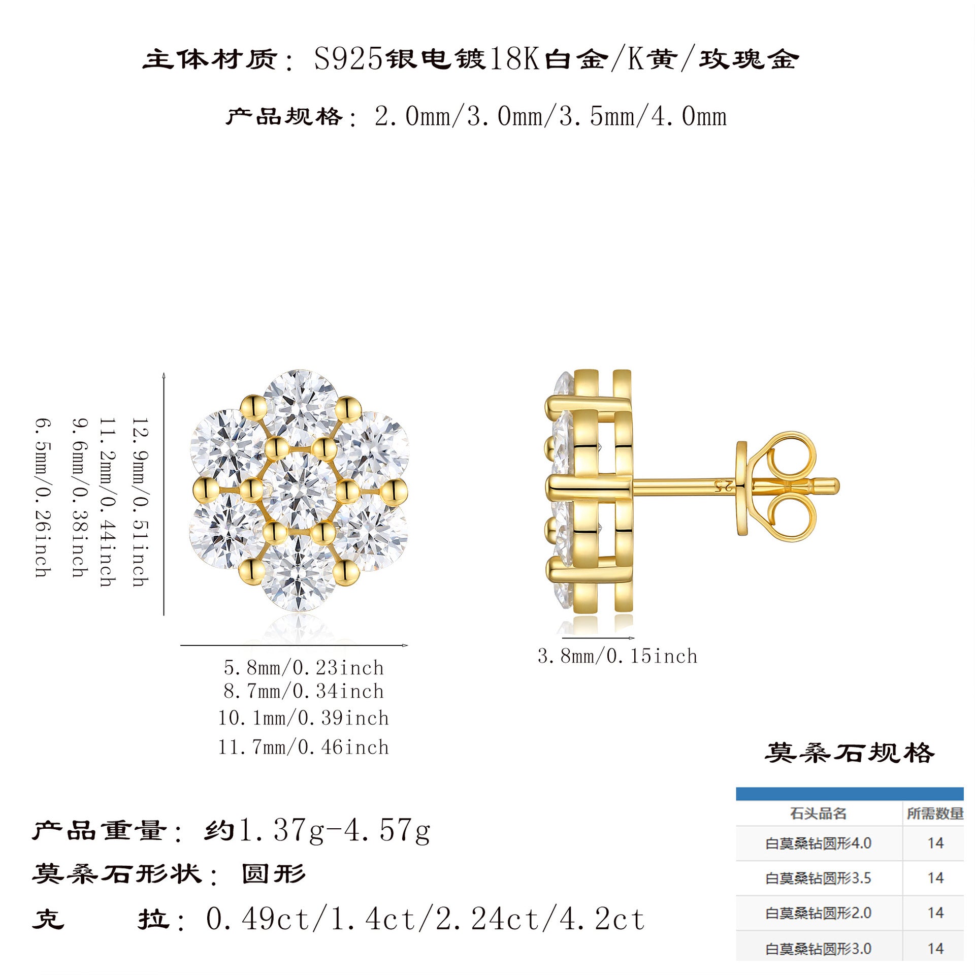 外S925银镀18K黄镶嵌莫桑石耳钉轻奢订制
