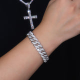 S925银莫桑石潮牌个性宽幅猪鼻扣号镶双排满镶嘻哈古巴链手链