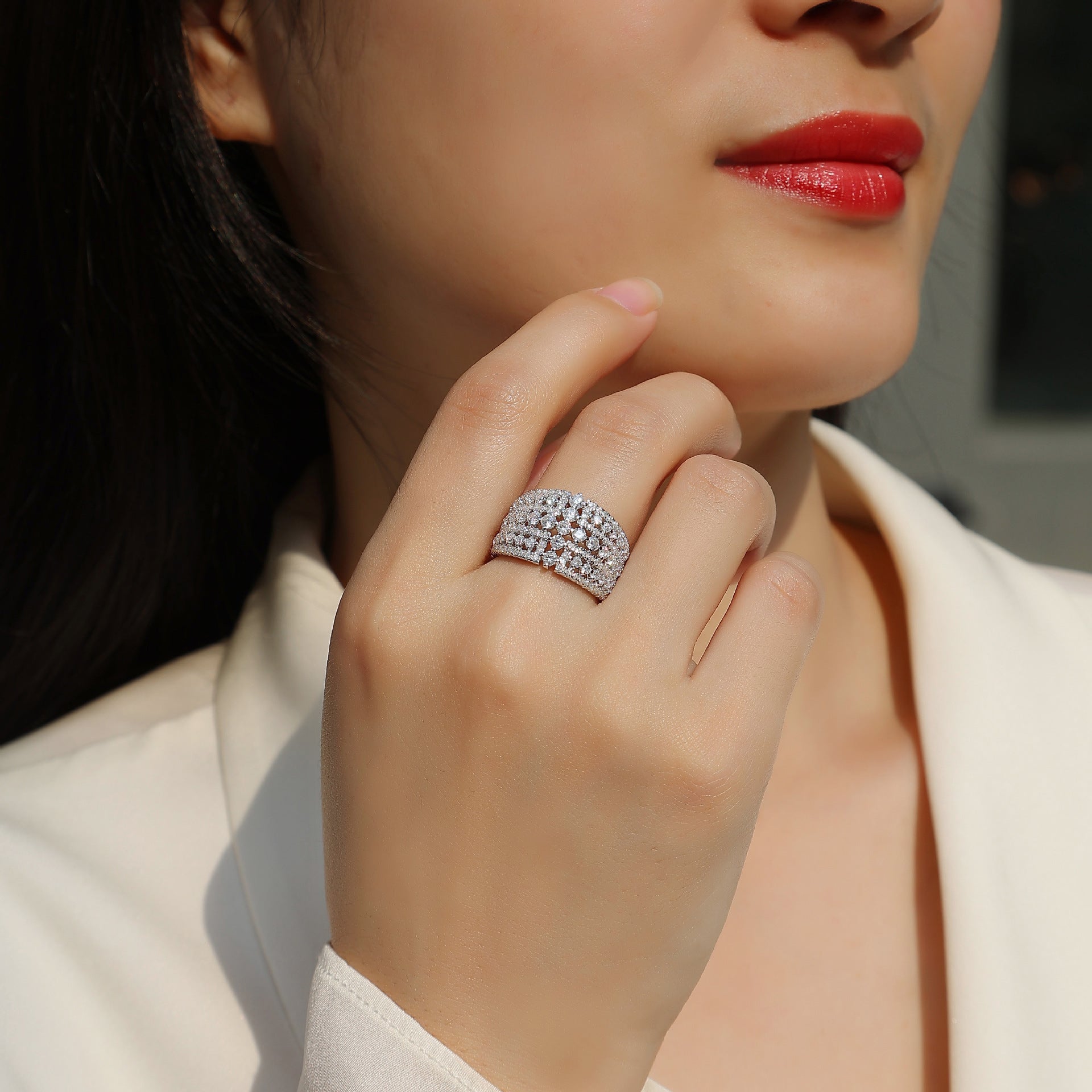 宽面指环S925银莫桑石豪镶戒子时尚首饰饰品