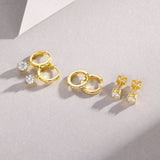 外新潮叠戴组合耳环S925银镀18K黄莫桑石耳圈耳钉