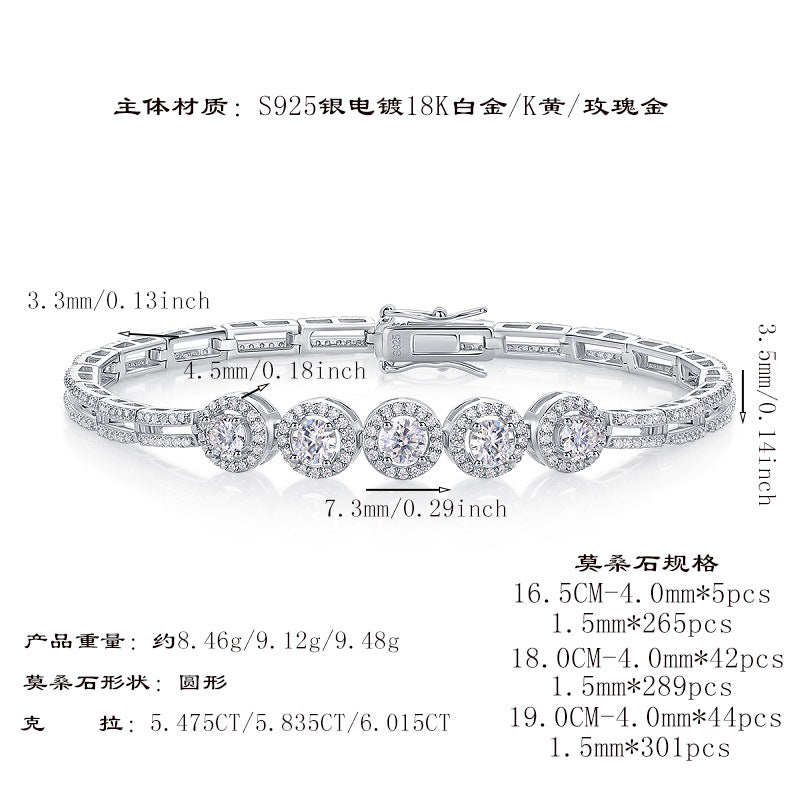 女士圆包网球手链S925纯银莫桑石电镀18k白金手链