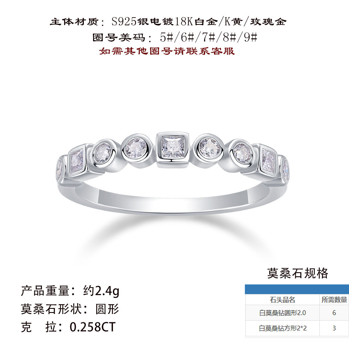 新品S925纯银圆形D色莫桑石个性简约时尚手饰戒指女指圈