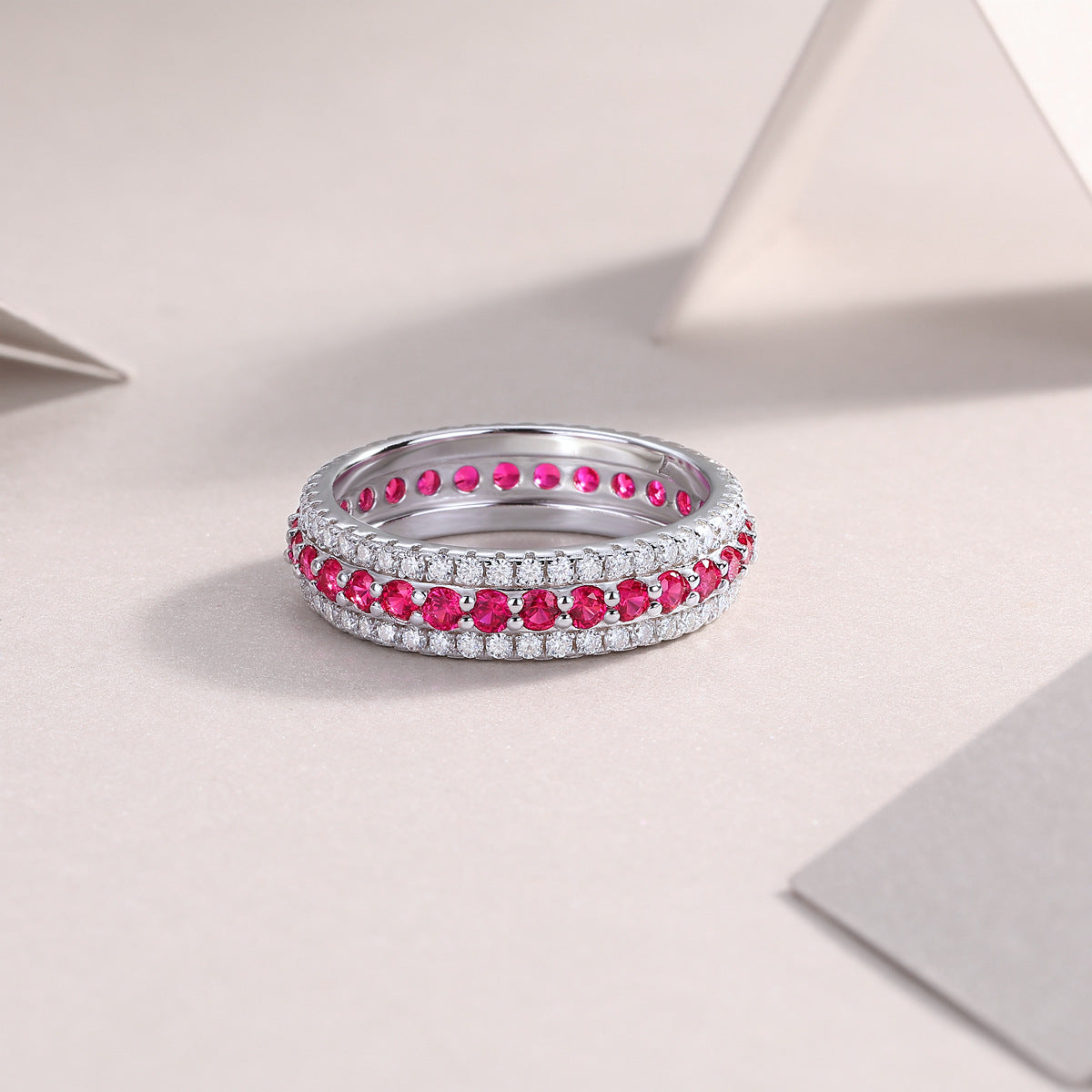 新款S925纯银圆形满钻红宝石戒指轻奢时尚百搭指环女