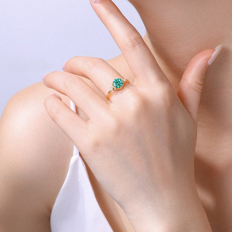 新款S925纯银1克拉圆形蓝莫桑指环时尚轻奢优雅戒指女