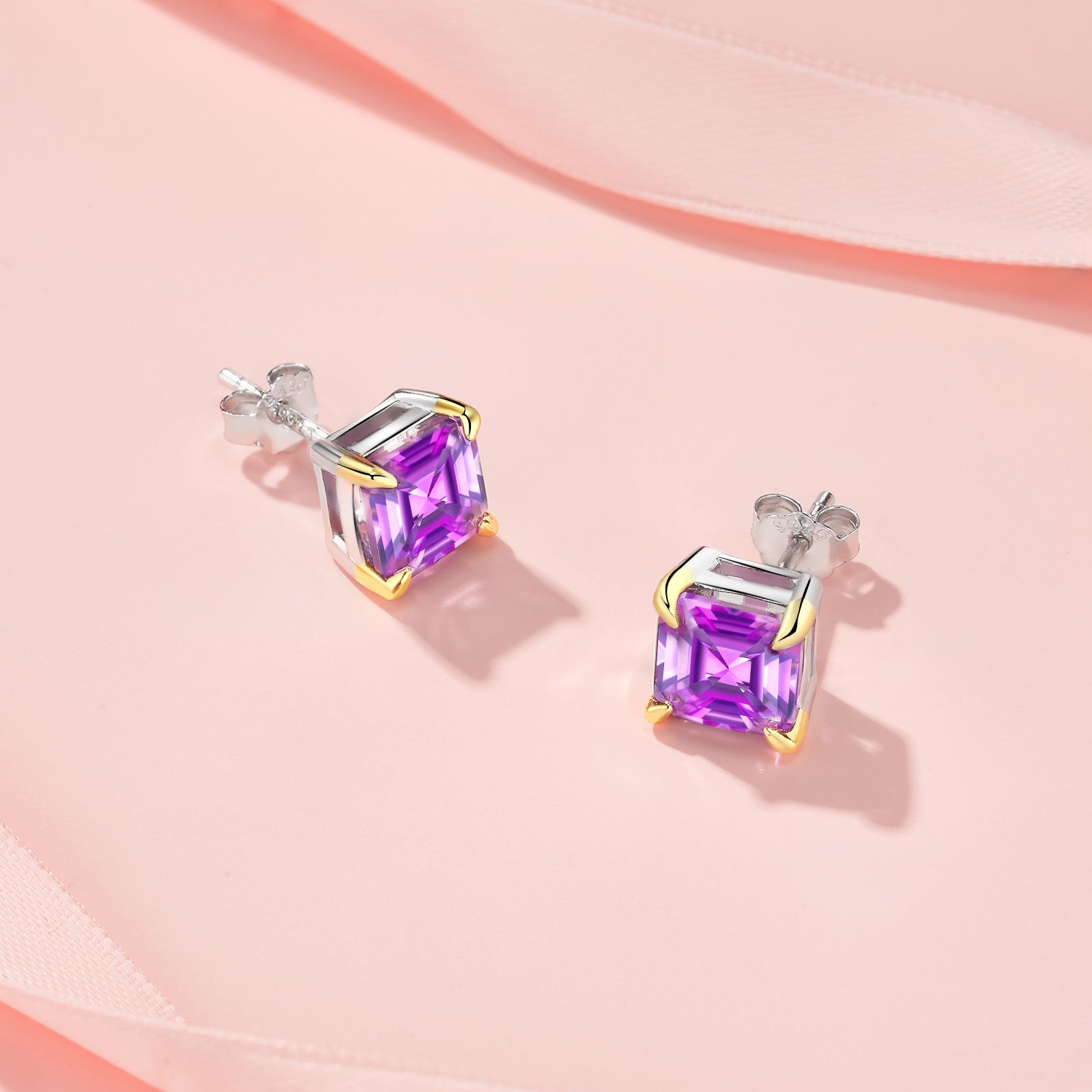 新款S925纯银八角紫晶石耳钉时尚简约轻奢配饰耳环女款