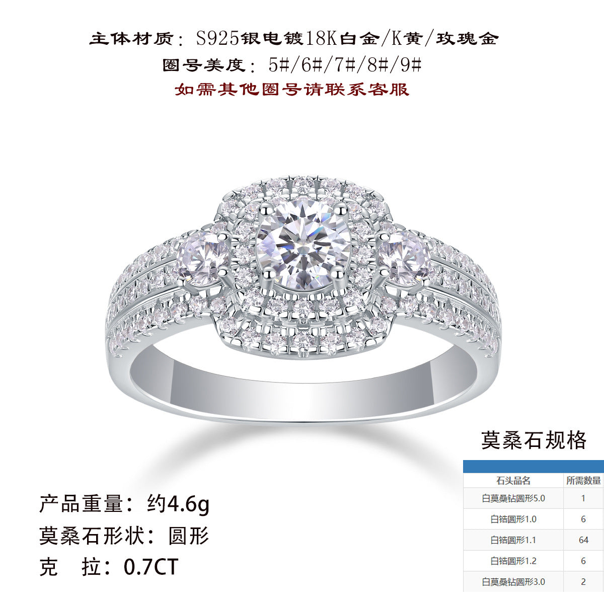 新款S925纯银镶嵌戒指圆形D色莫桑石戒指女婚戒