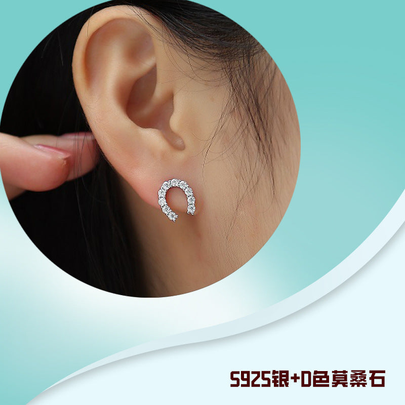 U形半圆S925银莫桑石扣住幸福耳钉饰品