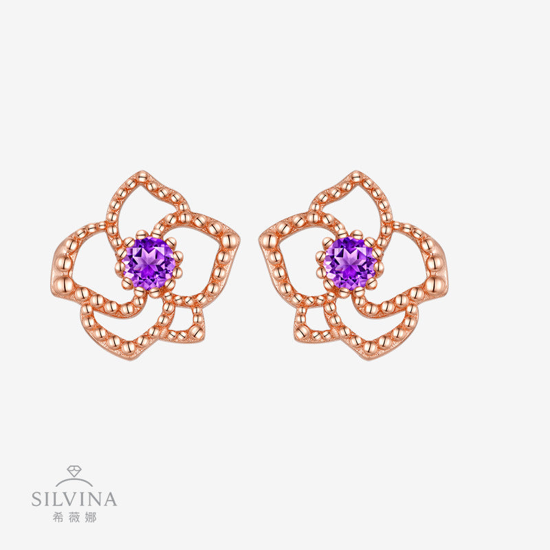 新款方晶镶嵌莫桑石圆环耳钉情人节精致时尚花朵耳环女