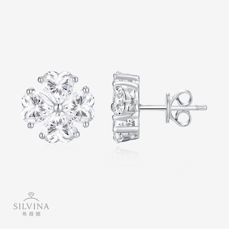 s925纯银镀白金心形耳钉 唯美小清新百搭设计感耳环女款耳饰