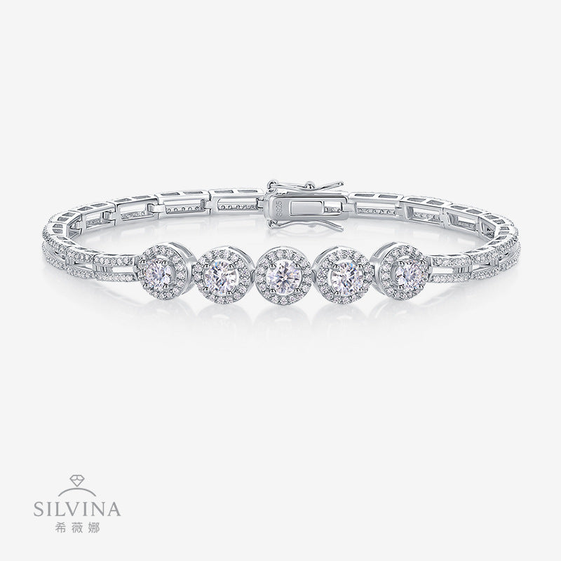 女士圆包网球手链S925纯银莫桑石电镀18k白金手链