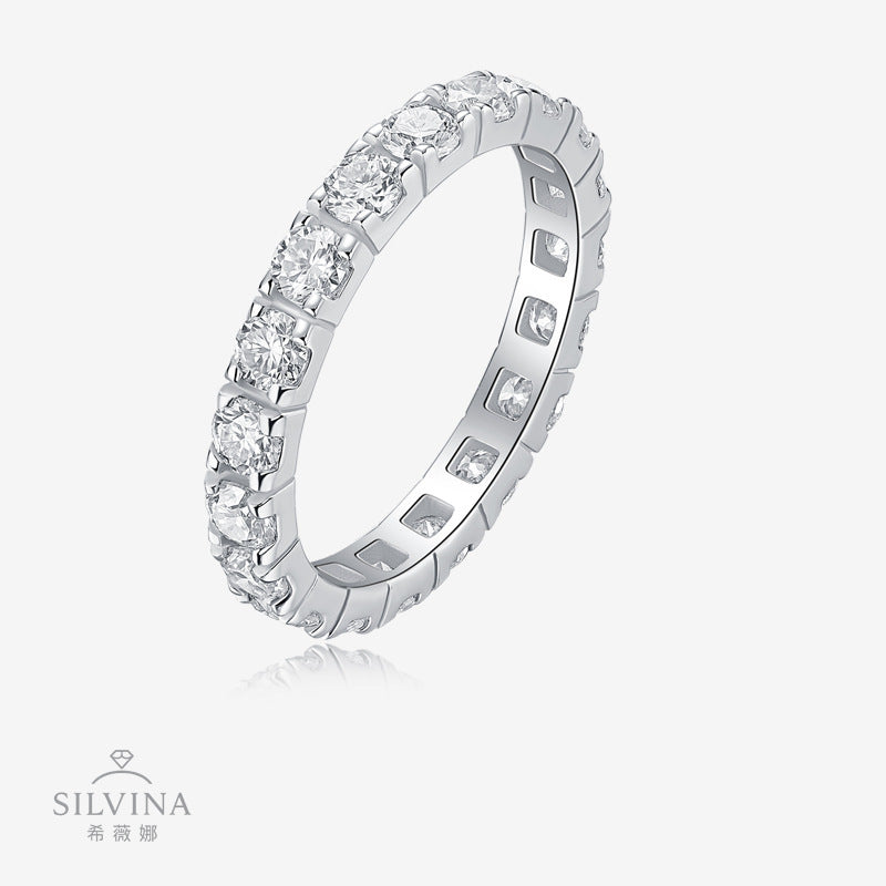 新款S925纯银圆形D色莫桑石戒指小众百搭轻奢排戒