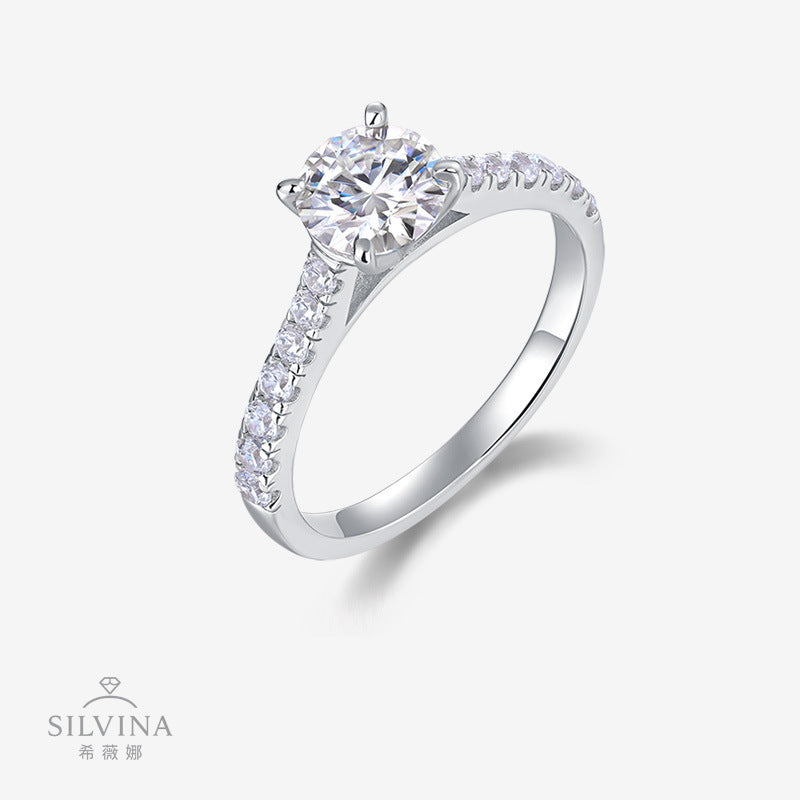 纯银莫桑石镀18k铂金婚戒闭口轻奢