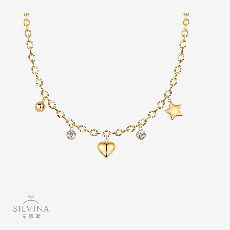 纯银轻奢气质莫桑石镀金星星月亮爱心吊坠设计双层叠戴锁骨链项链