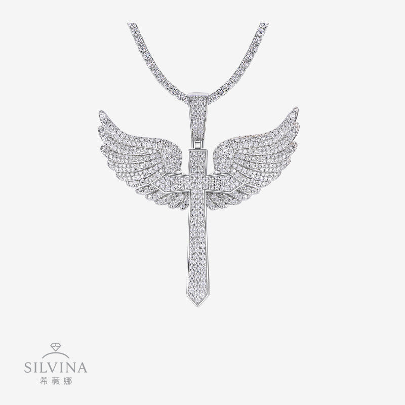 外新款满镶堕落天使吊坠女神展翅立体羽毛说唱嘻哈潮男项坠