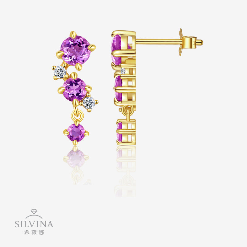 新款S925纯银紫晶石耳钉轻奢小众耳环耳饰女