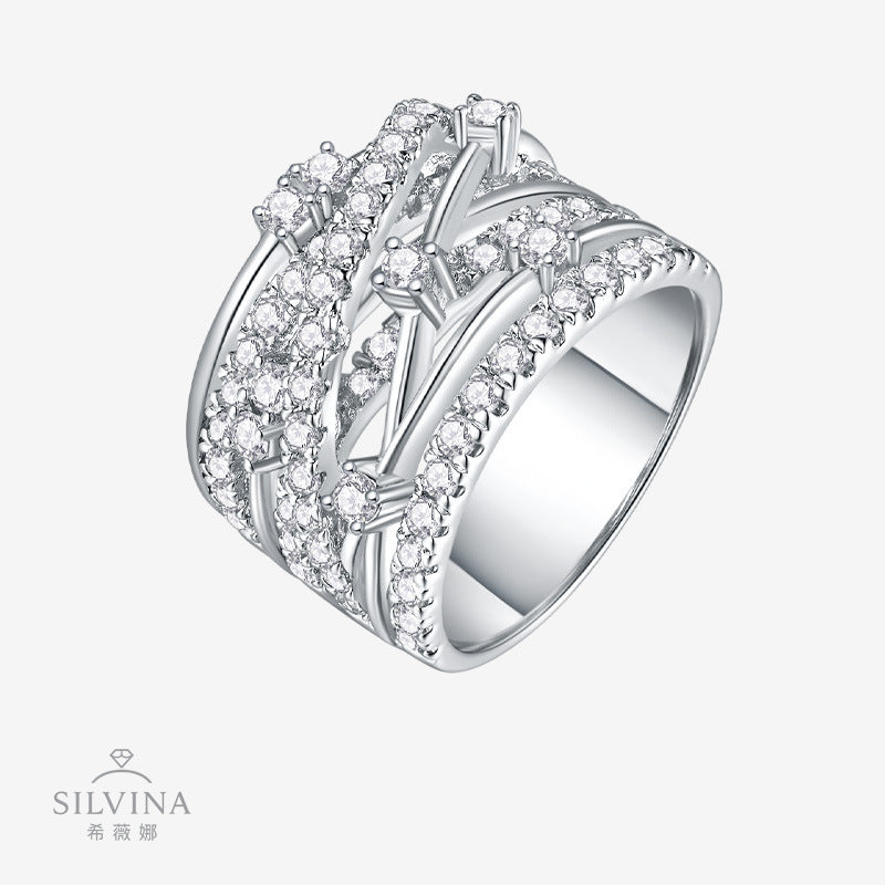 宽面纯银S925银莫桑石镀18k铂金婚戒闭口夸张婚戒